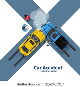 Car accident concept. Two crash cars top view. Transport incident, cartoon style. Vector illustration flat design. White background. Two vehicle collided on road. Violation of driving safety rules.