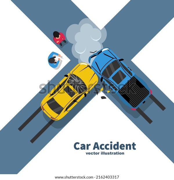 Car accident concept. Two crash cars top view.\
Transport incident, cartoon style. Vector illustration flat design.\
White background. Two vehicle collided on road. Violation of\
driving safety rules.