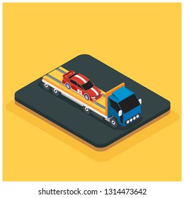 Car accident concept vector flat illustration. Isometric tow truck lifting damaged car, police car and policeman interviewing driver about traffic accident. - Vector 