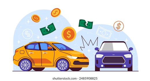 Car accident concept. Yellow auto crashed into blue one. Broken vehicles on road. Damaged transport and automobiles at highway. Cartoon vector illustration isolated on white background