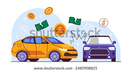 Car accident concept. Yellow auto crashed into blue one. Broken vehicles on road. Damaged transport and automobiles at highway. Cartoon vector illustration isolated on white background