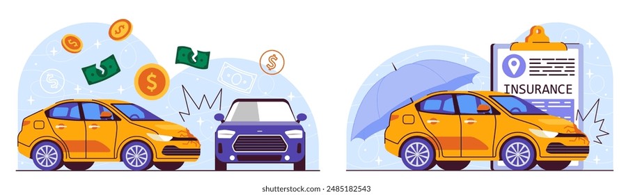 Car accident concept. Yellow and blue cars collide on road. Car insurance for driver, financial deal. Damage to vehicle, accident. Flat vector illustration isolated on white background