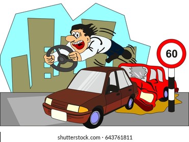 Car Accident Conceptual Drawing showing two vehicles involved and the driver of backside car thrown out from the front glass with the steering on his hand as he crossed speed limit and no seat belt