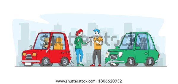 Car Accident or Conflict on Road between
Drivers. Characters Arguing, Fight Standing at Broken Automobiles.
City Traffic Situation, Dwellers Suffered of Aggression. Linear
People Vector Illustration