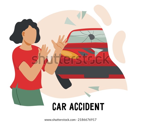 Car accident with\
confused owner behind broken car. Auto repair service, workshop\
banner or insurance company label design, flat vector isolated on\
white background.