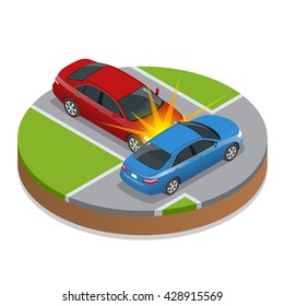 Car accident or crash. Flat 3d isometric illustration. Accident dangerous speed. Accident road on street damaged automobiles after collision car-crash.