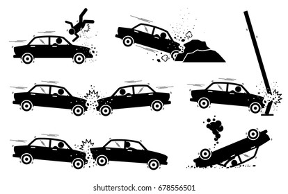 Car Accident and Crash. Illustrations depict a car hit a man, driver drives and crash on boulders, road side pole, another vehicle head on, and back. The car also turn upside down. 