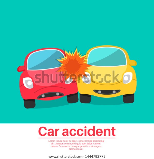 Car accident. Crash of two\
lovely cars. Animated film. The concept of vigilance and attention\
on roads. Comical design. Poster. Vector illustration in flat\
style.