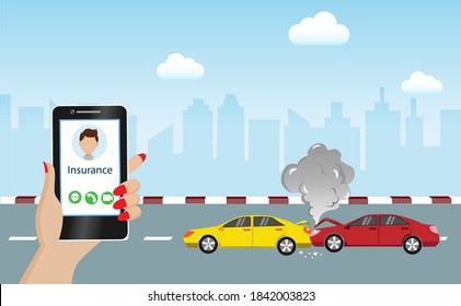Car accident, crashed cars on the street. Woman hand holding smartphone calling help from car insurance. Car accident and property insurance concept.
