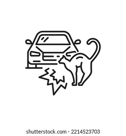 Car accident, damage or collision thin line icon. Automobile traffic violation outline vector sign, car damage in road crash, accident icon. Vehicle insurance thin line pictogram with car hitting cat