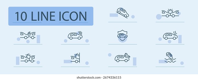 Icono de accidente de coche y daños. Colisiones, sensores, escudo, choque de agua, reparaciones y alertas delineadas para ilustraciones de seguridad automotriz, seguros y respuesta de emergencia