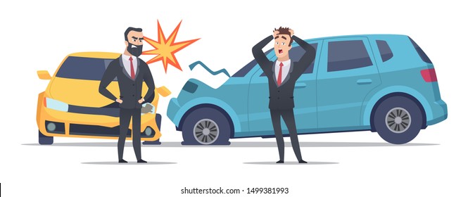 Car accident. Damaged autos angry scared men. Businessmen vector character and crashed cars