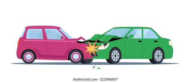 Car accident. Damaged transport on the road. Collision of two cars, side view. Road collisition. Damaged transport. Collision on road, safety of driving personal vehicles, car insurance. Vector