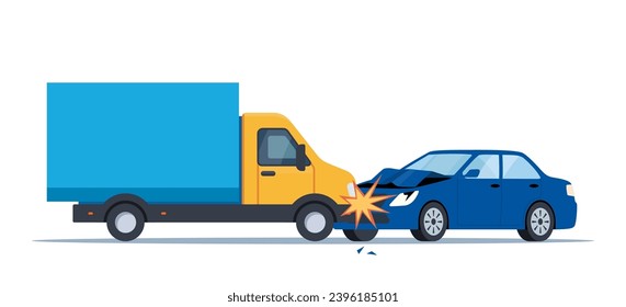 Car accident. Damaged transport on the road. Collision of lorry and car, side view. Damaged transport. Collision on road, safety of driving personal vehicles, car insurance. Vector illustration