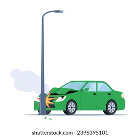 Car accident. Damaged transport on the road. Car crashed into a pole. Damaged transport. Collision on road, safety of driving personal vehicles, car insurance. Vector illustration