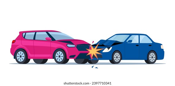 Car accident. Damaged transport on the road. Collision of two cars, side view. Damaged transport. Collision on road, safety of driving personal vehicles, car insurance. Vector illustration