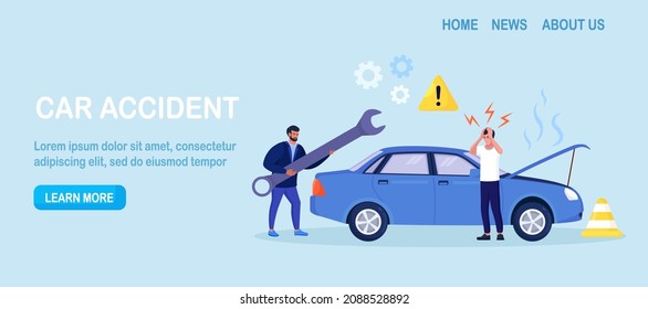 Car accident. Disappointed man in panic standing beside broken auto without insurance.Vehicle damaged, automobile crash. Breakdown of the car on the road. Spoiled transport needs repair. Vector design