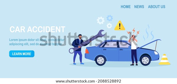 Car accident. Disappointed man in panic standing
beside broken auto without insurance.Vehicle damaged, automobile
crash. Breakdown of the car on the road. Spoiled transport needs
repair. Vector design