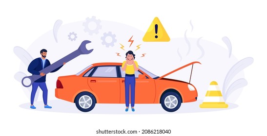 Car accident. Disappointed woman in panic standing beside broken auto without insurance.Vehicle damaged, automobile crash. Breakdown of the car on the road. Spoiled transport needs repair.