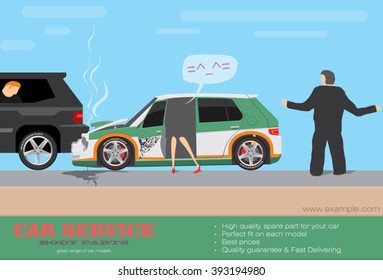 Car accident. Driver lose control. Wrecked cars. Vector illustration