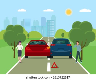 Accidente de Camión con conductores hombres y mujeres. Ilustración vectorial.