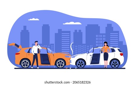 Car Accident With Drivers Man And Woman. Vector Illustration.