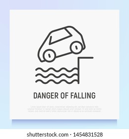 Car accident: car is falling down in water. Thin line icon. Modern vector illustration.