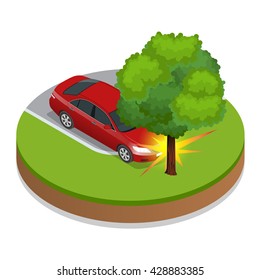 Car accident. Flat  3d vector isometric illustration. Accident road situation danger car crash and accident road collision safety emergency transport. Accident dangerous speed. 