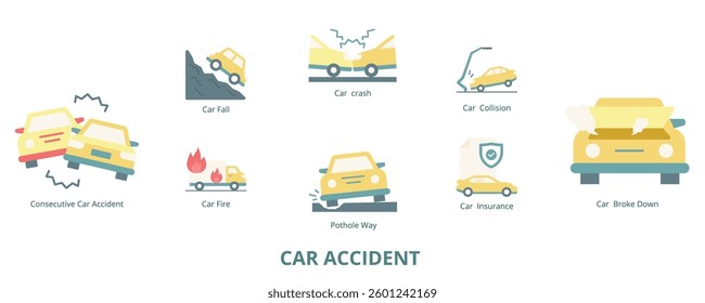 Car Accident Flat Banner Web Icon Set Vector Illustration