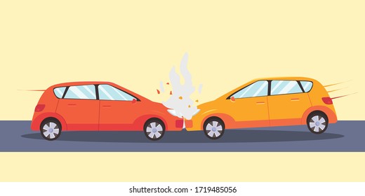 Car Accident Flat Design Vector Concept: Two Sedans Colliding Each Other And Crashing Each Of Their Bumpers