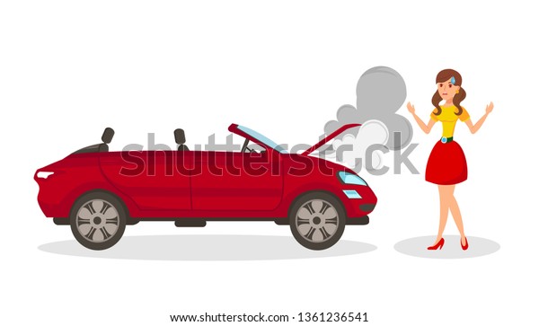 Car\
Accident Flat Isolated Vector Illustration. Vehicle with Open Hood\
and Steam. Frustrated Young Woman with Dead Auto Isolated on White\
Background. Road Assistance Color Banner\
Template