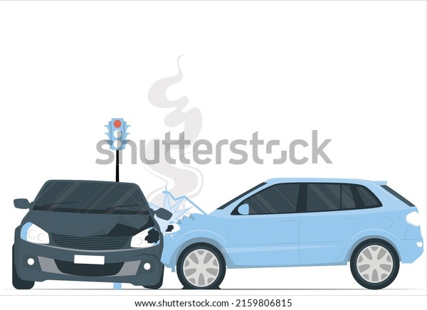 Car accident. Generic cars crashed. Silver\
sport car crashed. Front of blue car get damaged by accident on the\
road. Isolated on white\
background.