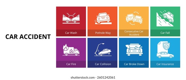 Car Accident Glyph Solid Banner Web Icon Set Vector Illustration