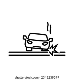 Car accident icon. Car crash icon vector. Tire replacement isolated punctured wheel on car line icon. Vector broken tire, automobile transport tyre crash, broken wheel