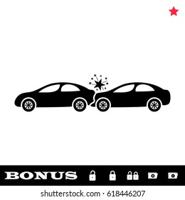 Car accident icon flat. Black pictogram on white background. Vector illustration symbol and bonus button open and closed lock, folder, star