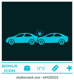 Car accident icon flat. Blue pictogram on dark background. Vector illustration symbol and bonus icons
