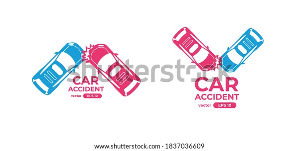 Car accident icon\
isolated on the road. Flat style eps10 illustration. Hatchback and\
sedan vehicles. Above, top view. Simple modern design. Icon, sign,\
symbol collection.