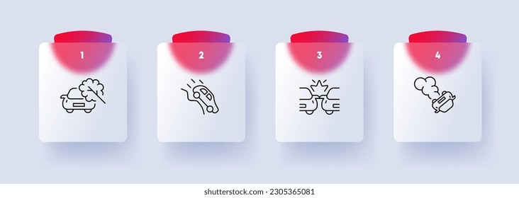 Juego de iconos de accidentes de auto. Vehículos colisionados, daños, respuesta, seguridad, seguros. Emergencia. Estilo de glasmorfismo. Icono de línea de vector para negocios y publicidad