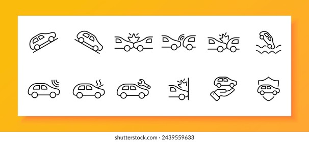 Car accident icon set. Smoke, collision, fire, damage, slope. Black icon on a white background. Vector line icon for business and advertising