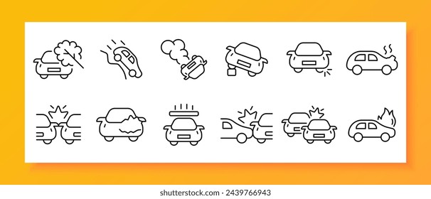 Conjunto de iconos de accidente de coche. Humo, leña, fuego, colisión, daños, pendiente. Icono negro sobre fondo blanco. Icono de línea vectorial para negocios y publicidad