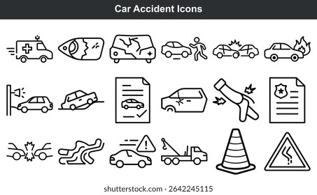 Car Accident Icons Black and White Line Art Set