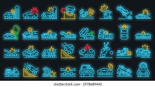 Car Accident Icons Set. Outline Set Of Car Accident Vector Icons Neon Color On Black