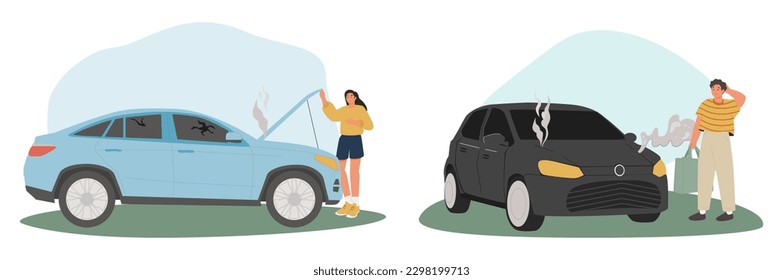 Car accident illustration set. Characters standing near broken car and calling to insurance company or tow truck services. Auto protection concept. Vector illustration.