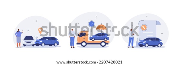 Car accident illustration\
set. Characters standing near broken car and calling to insurance\
company or tow truck services. Auto protection concept. Vector\
illustration.