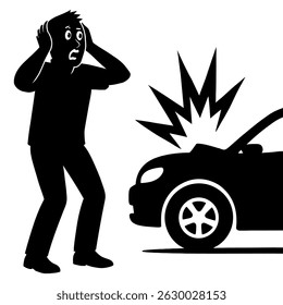 Car accident illustration vector design showing man shocked after vehicle collision on the road black and white