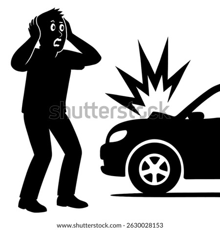 Car accident illustration vector design showing man shocked after vehicle collision on the road black and white