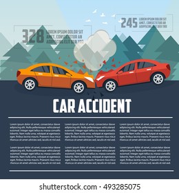 Car accident infographics. Car crash template in flat style. Car accident letterhead template. Two cars hit head-on template. Vector illustration. 
