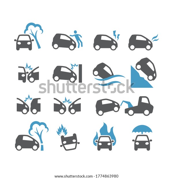 Car
accident, insurance black vector icon set. Frontal collision,
crush, flood, fire car accidents glyph
icons.