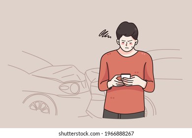 Car accident and insurance concept. Irritated stressed man cartoon character standing calling insurance company after car accident crash outdoors vector illustration 