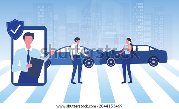 Car\
accident insurance concept. Two cars crashed  and drivers calling\
to  agent for insurance claim vector\
illustration.